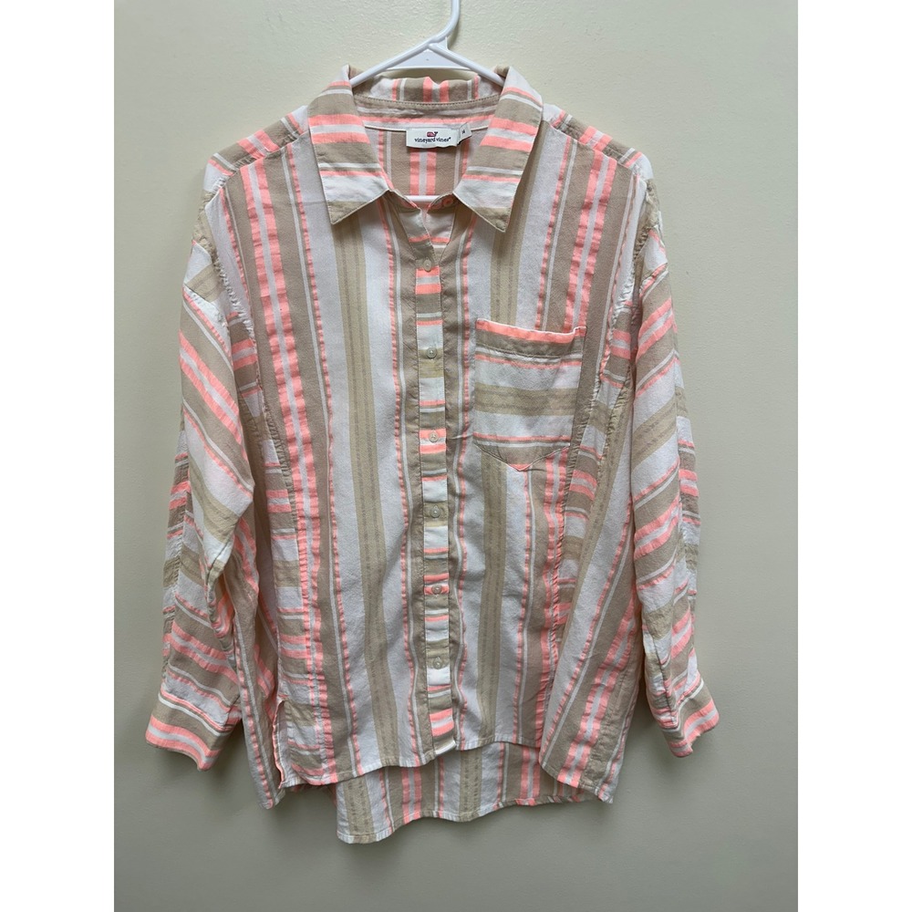 Vineyard Vines Womens 14 Pink Tan Striped Cotton Blend Button Down Shirt L/S